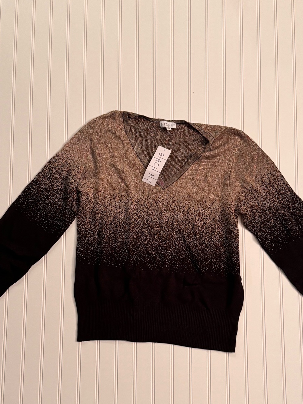 Birch by NY Rose Gold & Black Metallic Ombré V-Neck Sweater 1X NWT